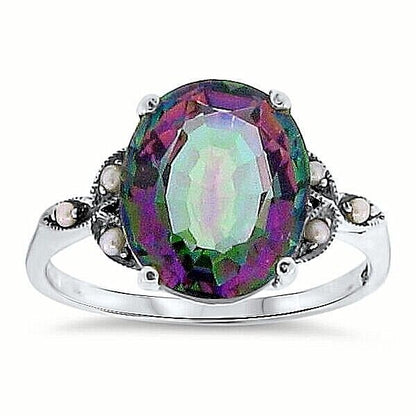 5 Ct RAINBOW MYSTIC QUARTZ 925 STERLING SILVER ANTIQUE STYLE VICTORIAN RING 094Z
