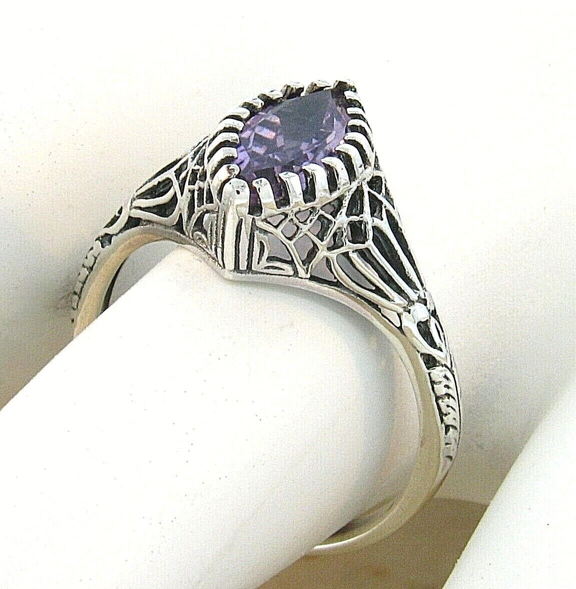 GENUINE AMETHYST 925 STERLING SILVER VICTORIAN DESIGN FILIGREE RING         #696