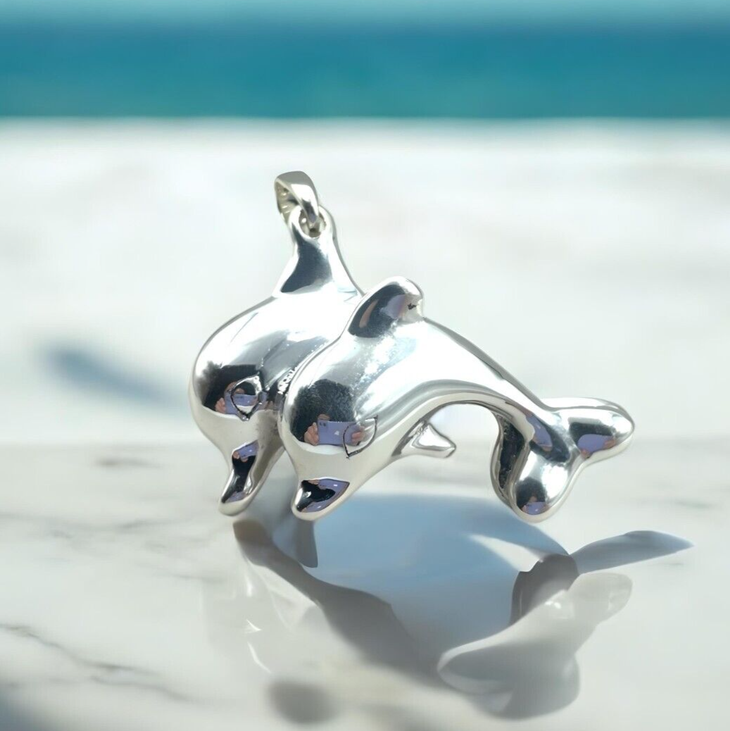 925 STERLING SILVER DOUBLE DOLPHIN LIGHTWEIGHT PENDANT, CHAIN SOLD SEPARATE 1618