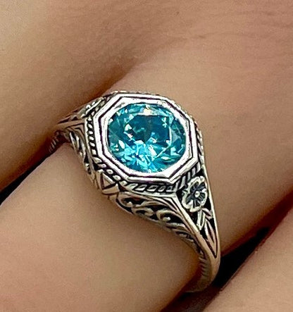 VINTAGE STYLE SOLITAIRE 925 STERLING SILVER AQUAMARINE CZ FILIGREE RING    #1229