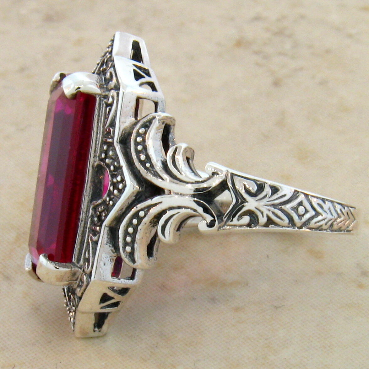 VICTORIAN STYLE CLASSIC 925 STERLING SILVER 6.5 CT LAB-CREATED RUBY RING    #466
