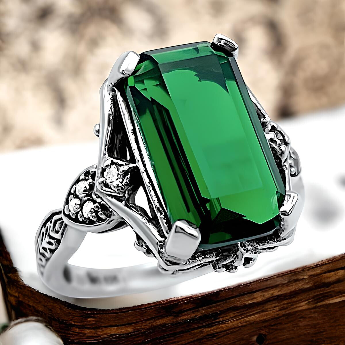VINTAGE STYLE 925 STERLING SILVER SIMULATED EMERALD & CZ FILIGREE RING 1363