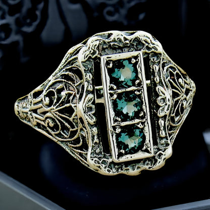 925 STERLING SILVER 3 STONE RING VINTAGE STYLE SIMULATED LONDON BLUE TOPAZ #1130