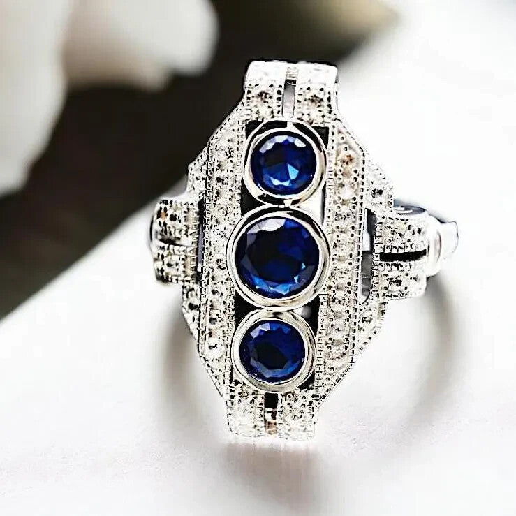 VINTAGE STYLE SIMULATED SAPPHIRE 925 STERLING SILVER RING RHODIUM PLATED 1757