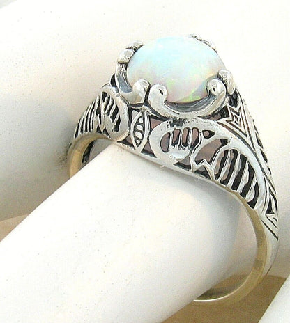 VINTAGE STYLE 925 STERLING SILVER LAB-CREATED WHITE OPAL FILIGREE RING      #800
