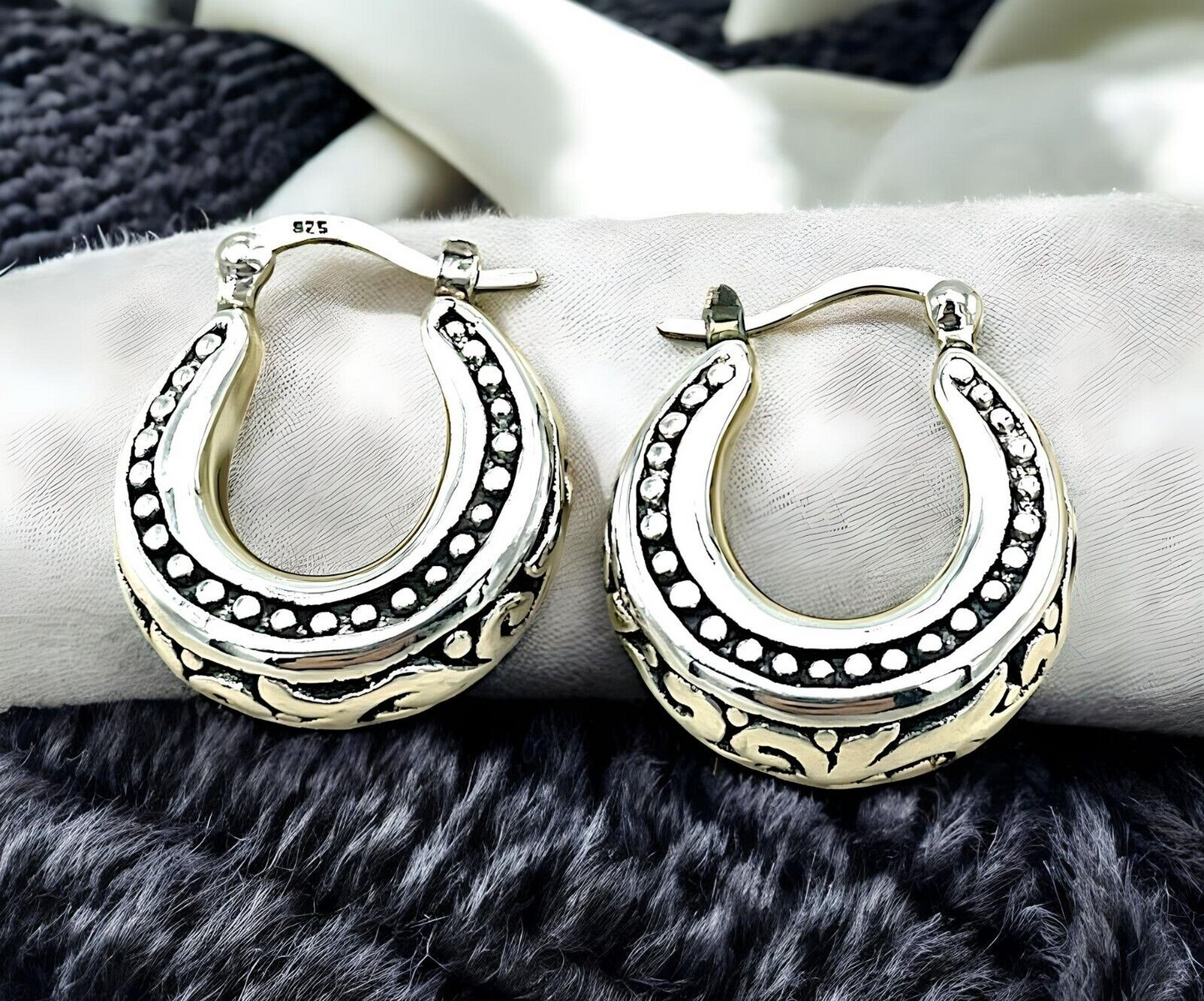 925 STERLING SILVER FILIGREE DESIGN LATCH BACK HOOP EARRINGS LIGHTWEIGHT 1674