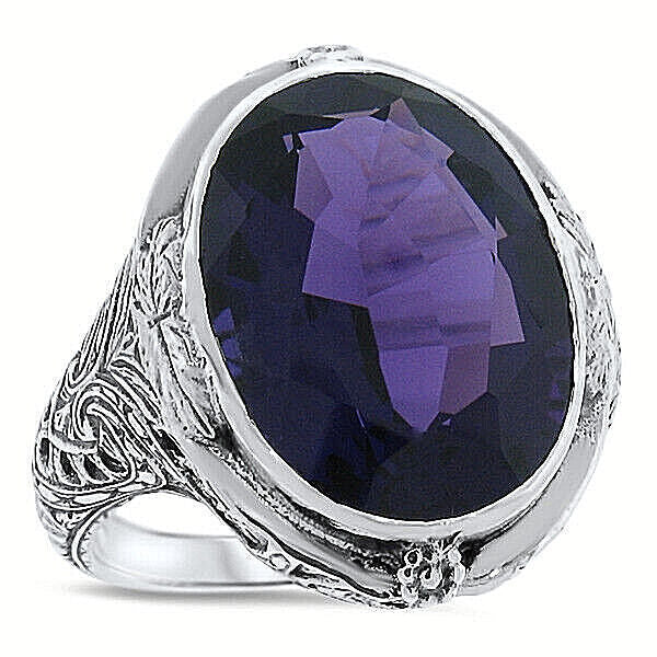 925 STERLING SILVER ANTIQUE STYLE LAB-CREATED 13 CT AMETHYST RING CHUNKY    #578