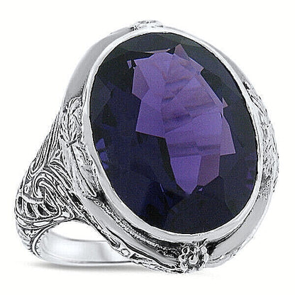 925 STERLING SILVER ANTIQUE STYLE LAB-CREATED 13 CT AMETHYST RING CHUNKY    #578