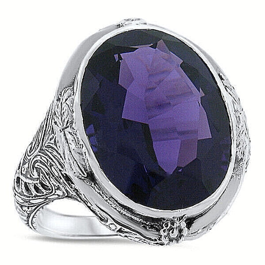 925 STERLING SILVER ANTIQUE STYLE LAB-CREATED 13 CT AMETHYST RING CHUNKY    #578