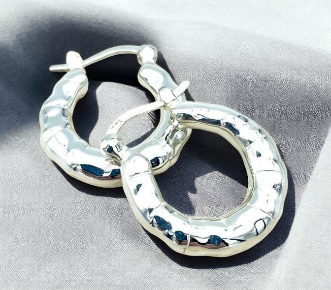 925 Sterling Silver Hoop Earrings, Bamboo Design Latch Back, Lightweight 1619