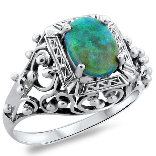 925 STERLING SILVER RING VICTORIAN STYLE LAB-CREATED GREEN OPAL             #228
