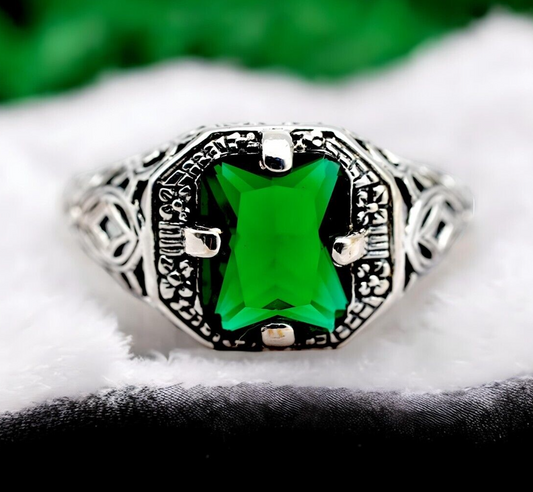 VINTAGE STYLE 925 SOLID STERLING SILVER SIMULATED EMERALD FILIGREE RING 1808