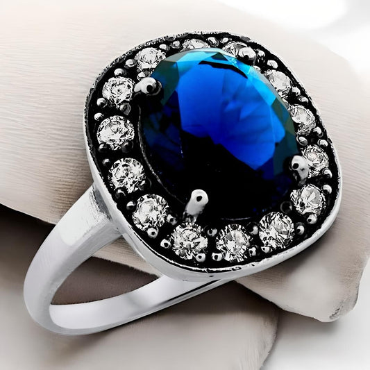 VINTAGE STYLE 925 SOLID STERLING SILVER SIMULATED SAPPHIRE COCKTAIL RING  #1206