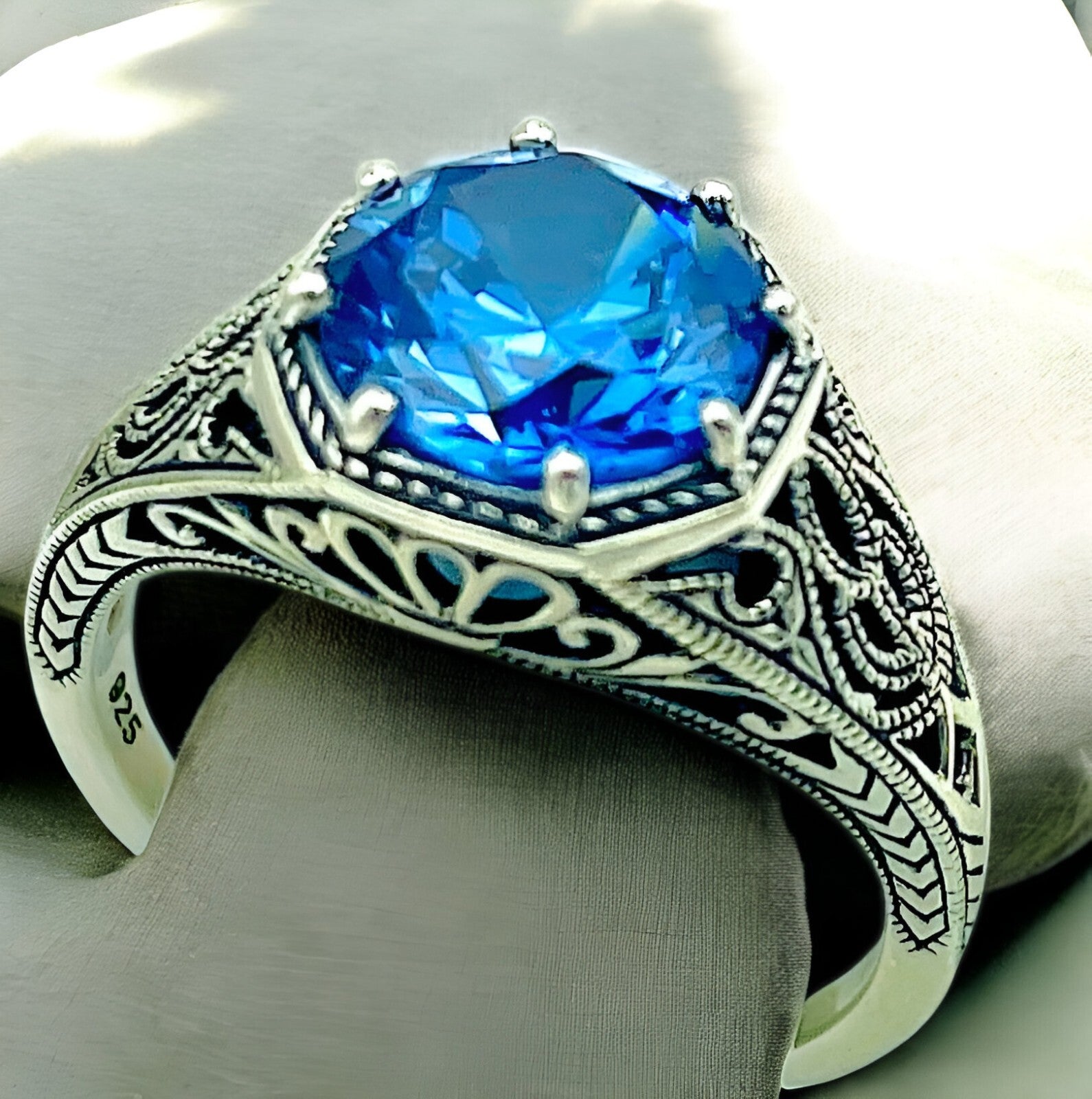 VINTAGE STYLE CEYLON SAPPHIRE CZ 925 SOLID STERLING SILVER FILIGREE RING  #1275