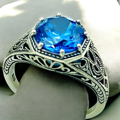 VINTAGE STYLE CEYLON SAPPHIRE CZ 925 SOLID STERLING SILVER FILIGREE RING  #1275