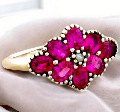 VINTAGE STYLE 925 STERLING SILVER LAB-CREATED RUBY & PEARL FLOWER RING    #446