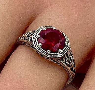 WEDDING ENGAGEMENT 925 STERLING SILVER FILIGREE LAB-CREATED RUBY RING      #1276