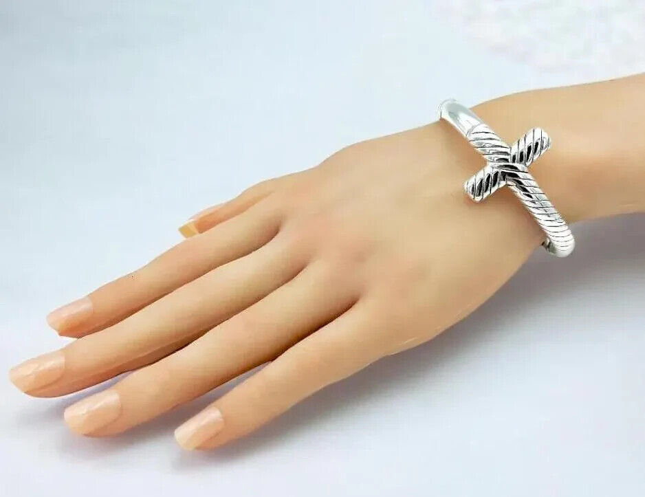 925 Sterling Silver Cross Bangle - 7 " Lightweight Twisted Design Bracelet 1381