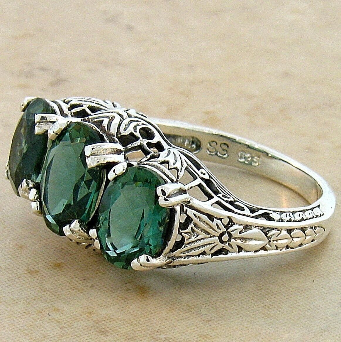 3 STONE 925 STERLING SILVER ART DECO STYLE 3.50 CT SIMULATED EMERALD RING   #639