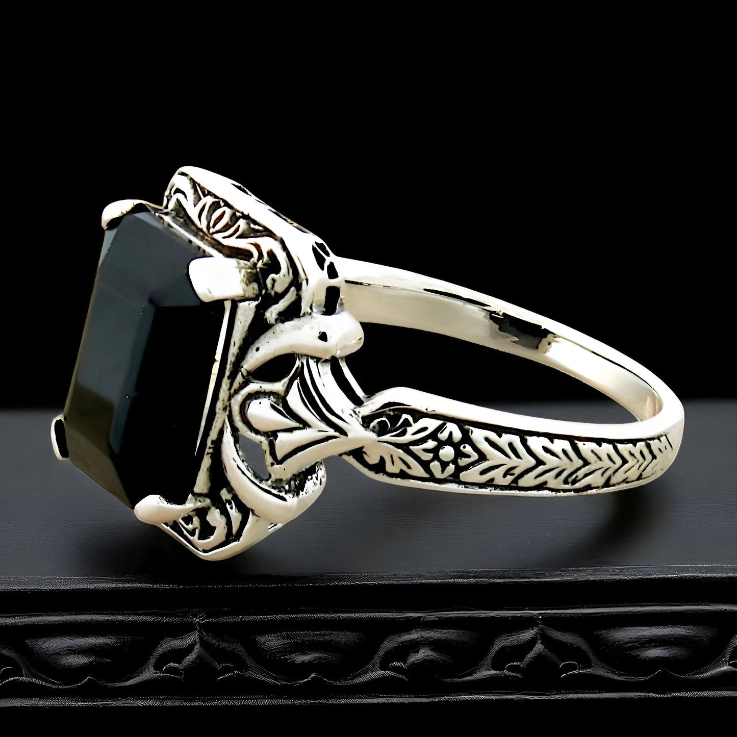 VINTAGE STYLE BLACK AGATE 925 SOLID STERLING SILVER FILIGREE RING      171