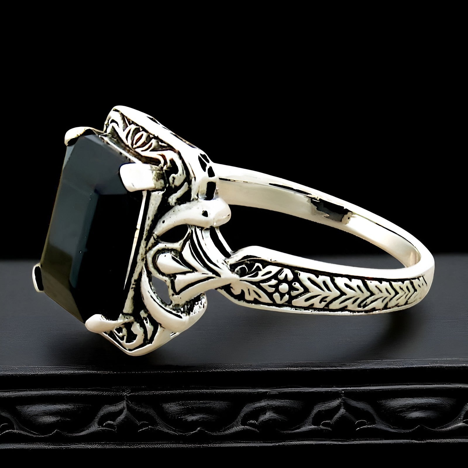 VINTAGE STYLE BLACK AGATE 925 SOLID STERLING SILVER FILIGREE RING      171