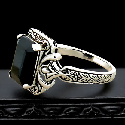 VINTAGE STYLE BLACK AGATE 925 SOLID STERLING SILVER FILIGREE RING      171