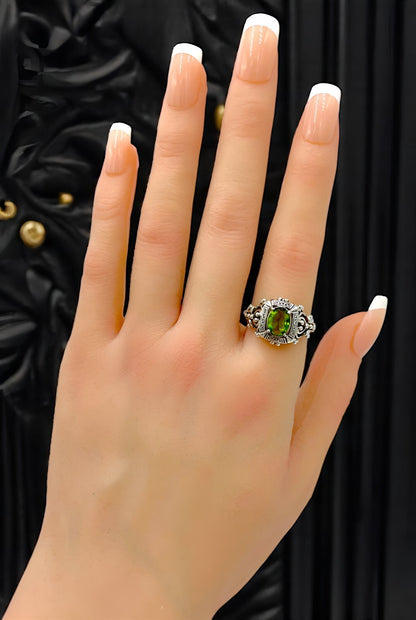 VINTAGE STYLE 925 STERLING SILVER SIMULATED 1 Ct PERIDOT FILIGREE RING      1144