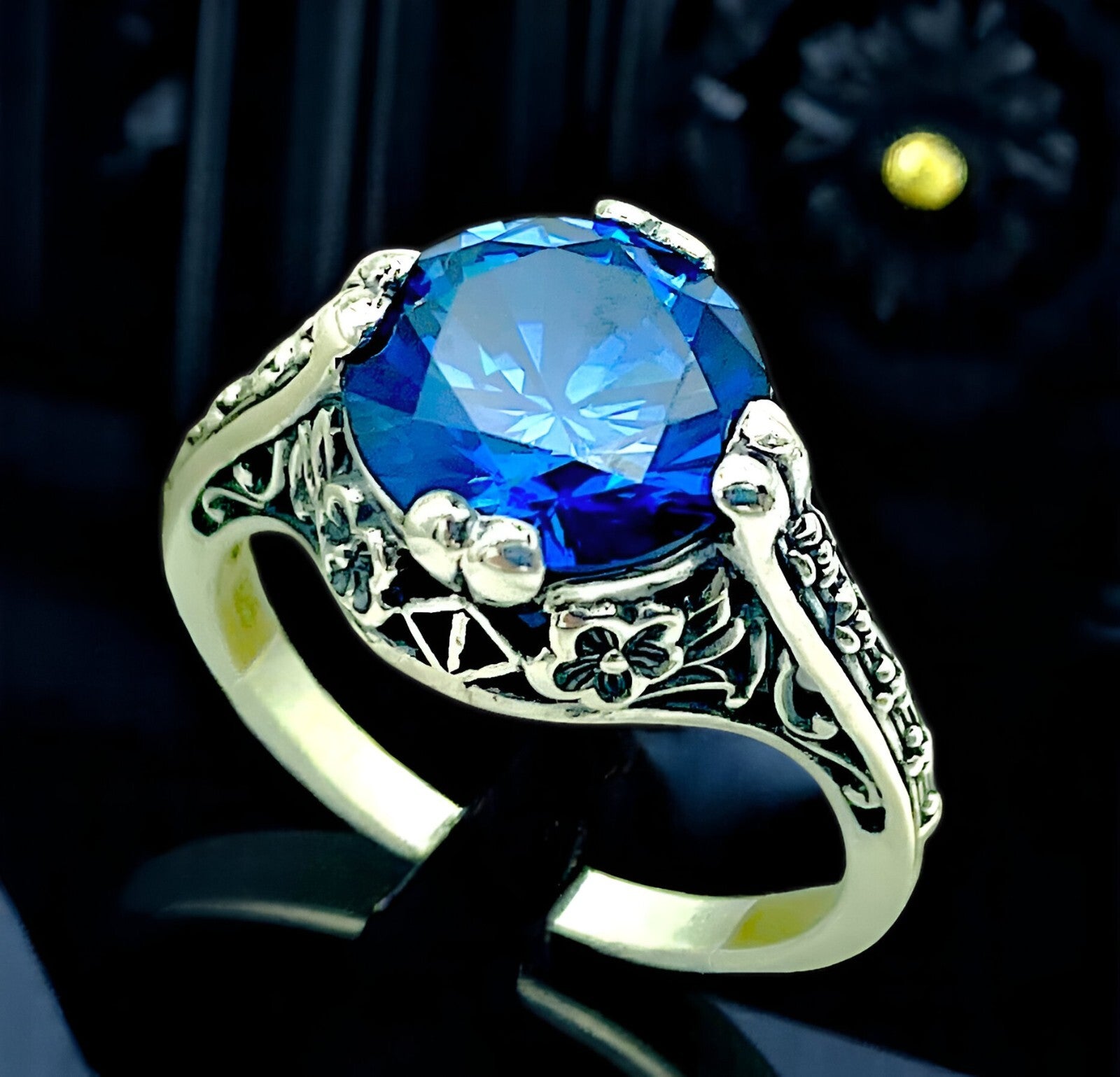 WEDDING ENGAGEMENT CEYLON SAPPHIRE CZ 925 STERLING SILVER FILIGREE RING    #1195