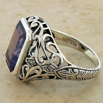 925 STERLING SILVER FILIGREE VICTORIAN STYLE 5 CT SIMULATED ALEXANDRITE RING 496