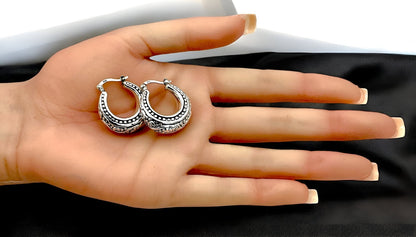 925 STERLING SILVER FILIGREE DESIGN HOOP EARRINGS LIGHTWEIGHT LATCH BACK 1650