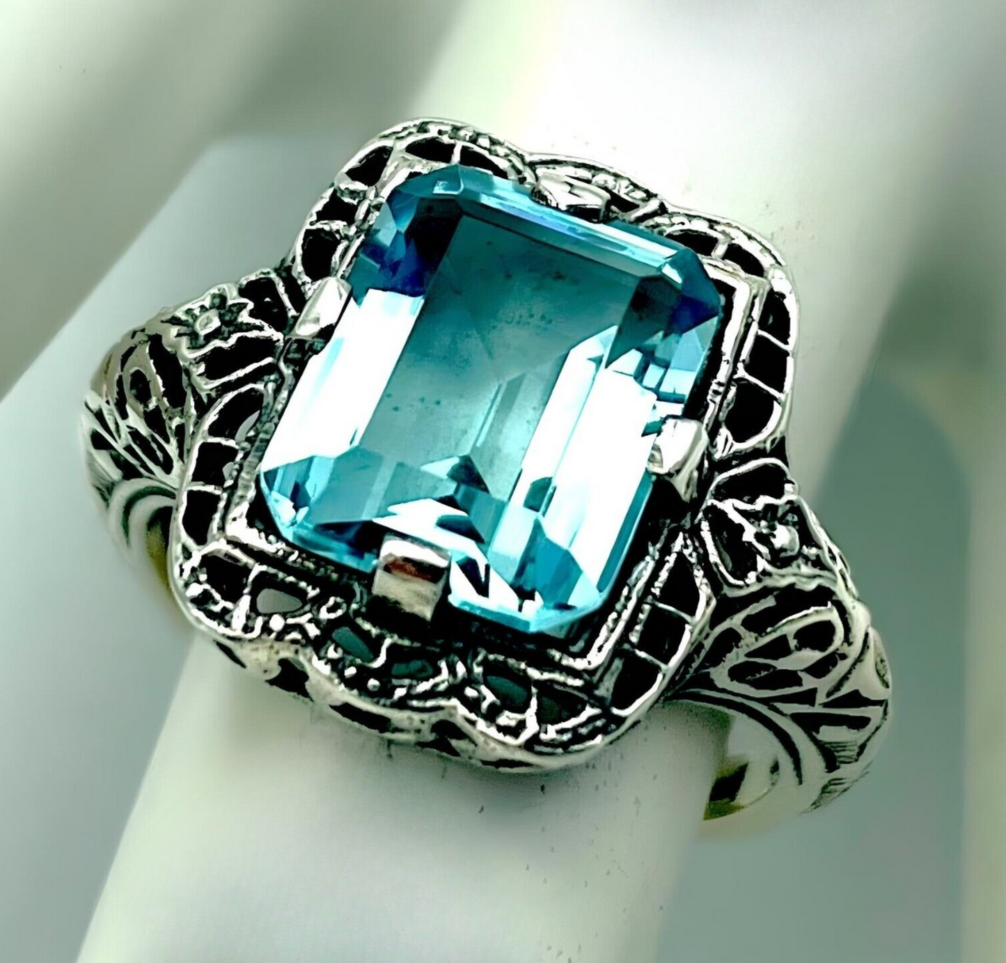 925 SOLID STERLING SILVER FILIGREE RING ANTIQUE STYLE SIMULATED AQUAMARINE  1237