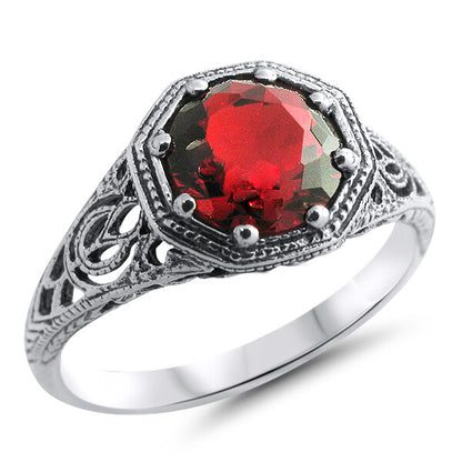 VIVID RED FILIGREE 925 STERLING SILVER SIMULATED RUBY SOLITAIRE RING       #1321