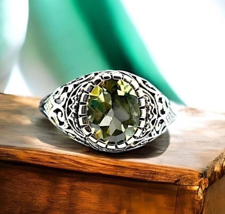 VINTAGE STYLE NATURAL GREEN AMETHYST 925 STERLING SILVER FILIGREE RING 1797