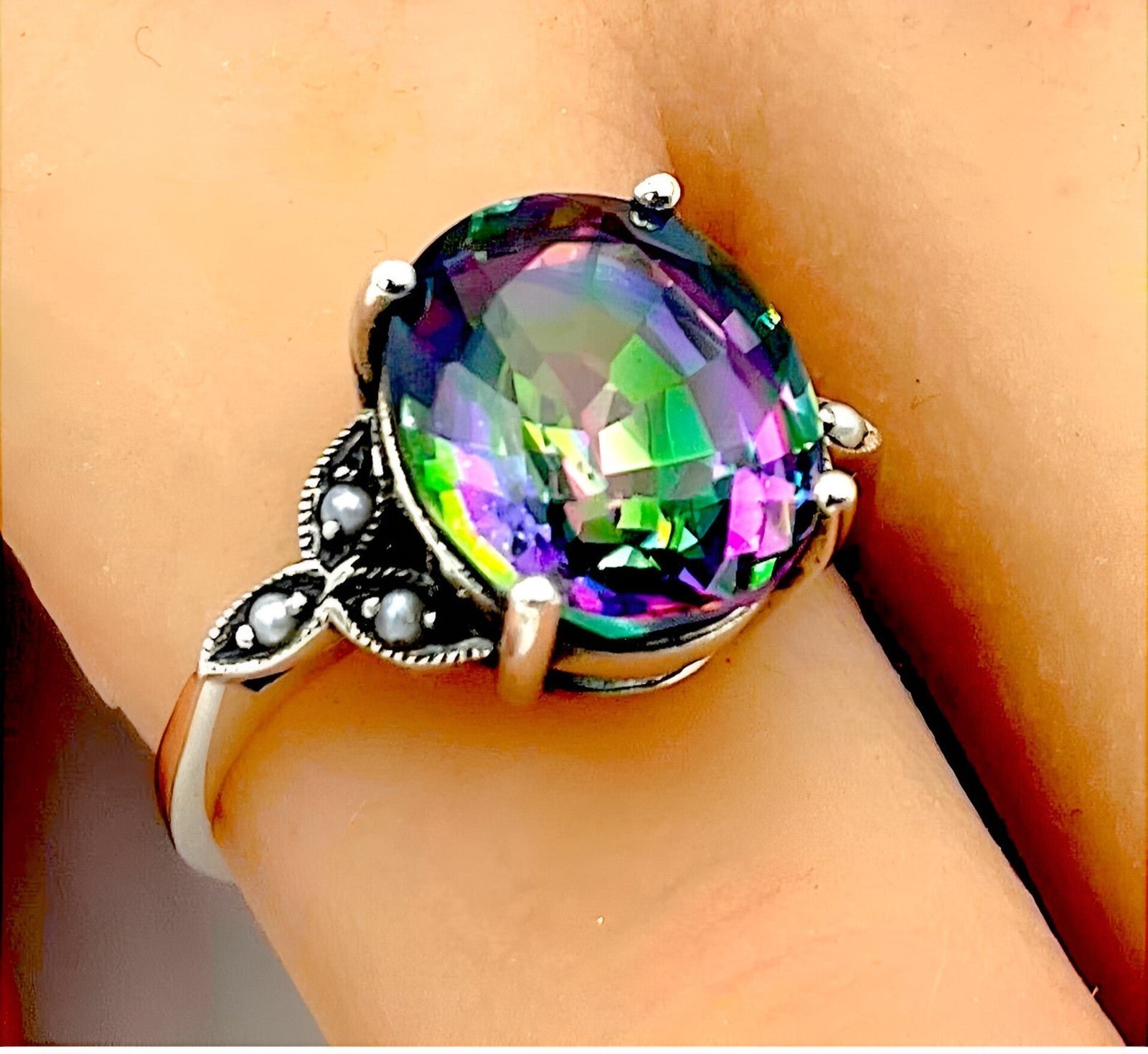 5 Ct RAINBOW MYSTIC QUARTZ & PEARL 925 STERLING SILVER ANTIQUE STYLE RING #094