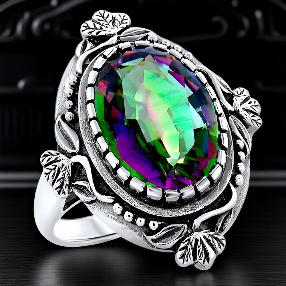 6 CT RAINBOW MYSTIC QUARTZ VICTORIAN STYLE 925 STERLING SILVER RING         #451