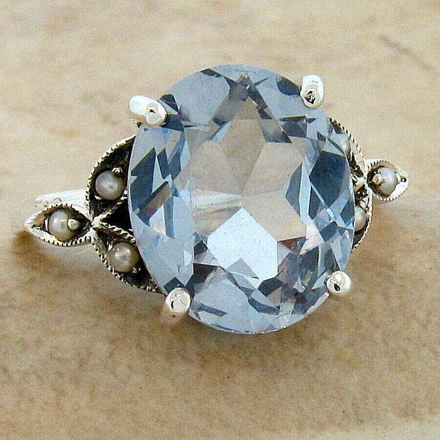 VICTORIAN STYLE 925 STERLING SILVER SIMULATED 5.5 CT AQUAMARINE PEARL RING  #198