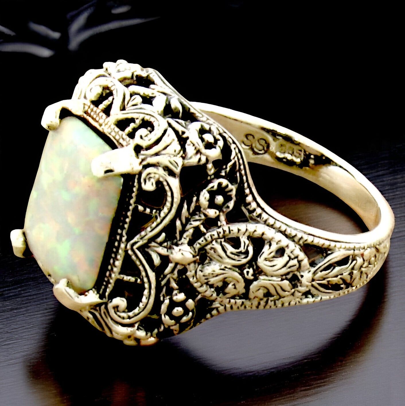 VINTAGE STYLE LAB-CREATED OPAL 925 STERLING SILVER SOLITAIRE FILIGREE RING   758