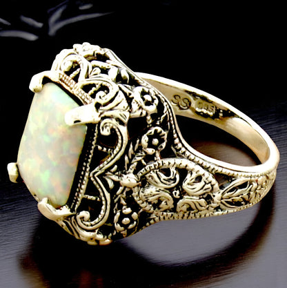 VINTAGE STYLE LAB-CREATED OPAL 925 STERLING SILVER SOLITAIRE FILIGREE RING   758