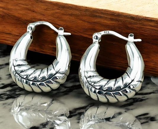 925 STERLING SILVER CHUNKY TWISTED HOOP EARRINGS LIGHTWEIGHT LATCH BACK 1675