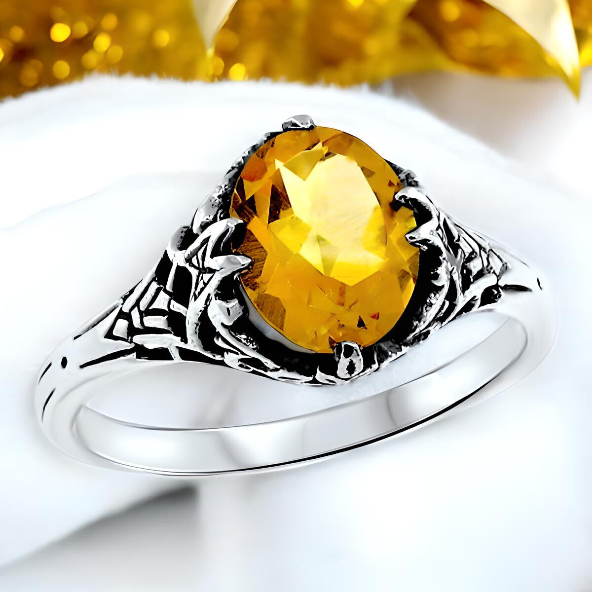VINTAGE STYLE NATURAL CITRINE 925 SOLID STERLING SILVER FILIGREE RING    #443