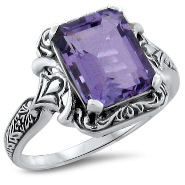 GENUINE AMETHYST 925 STERLING SILVER SOLITAIRE ANTIQUE STYLE FILIGREE RING  #195