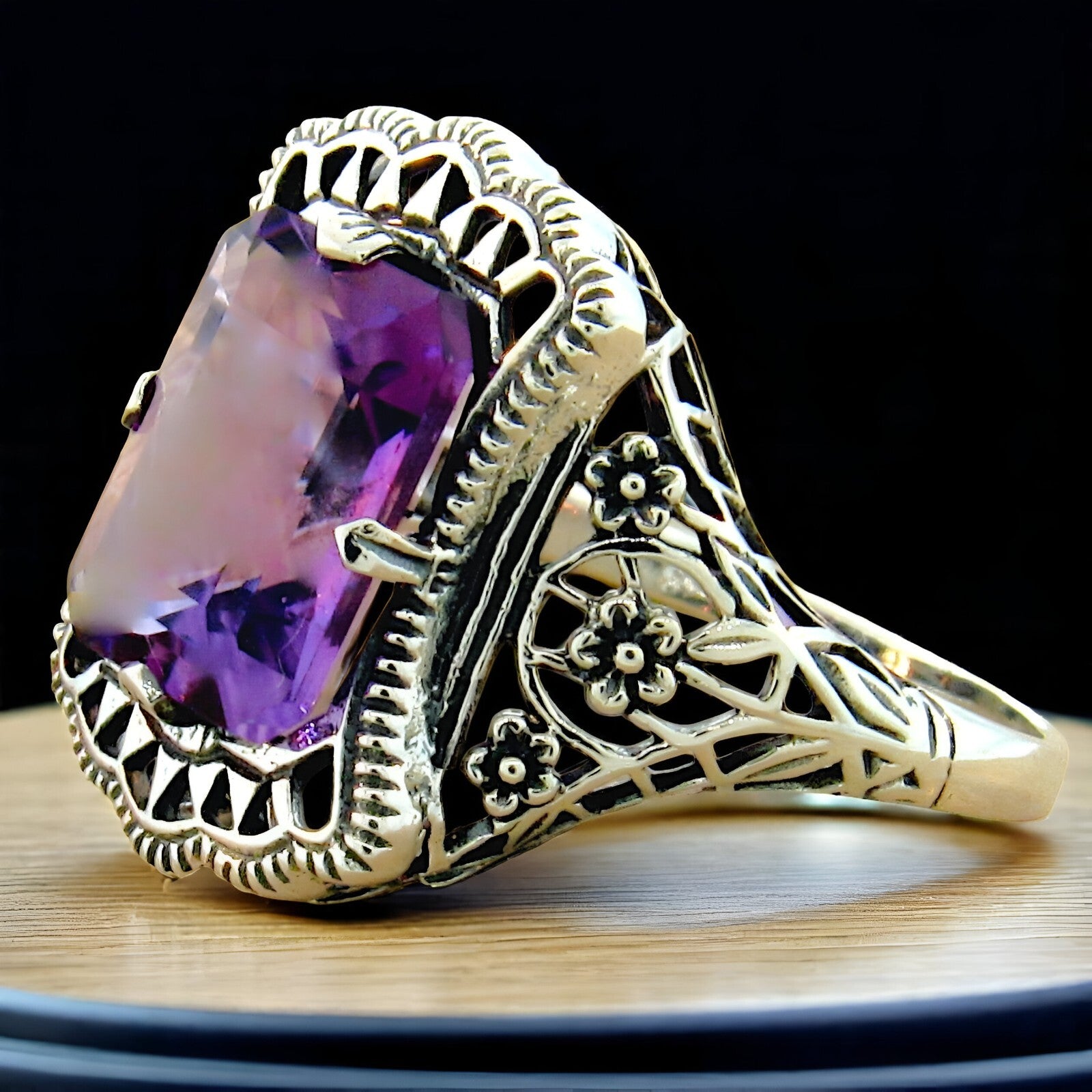 GENUINE AMETHYST 925 STERLING SILVER NOUVEAU ANTIQUE STYLE FILIGREE RING    964