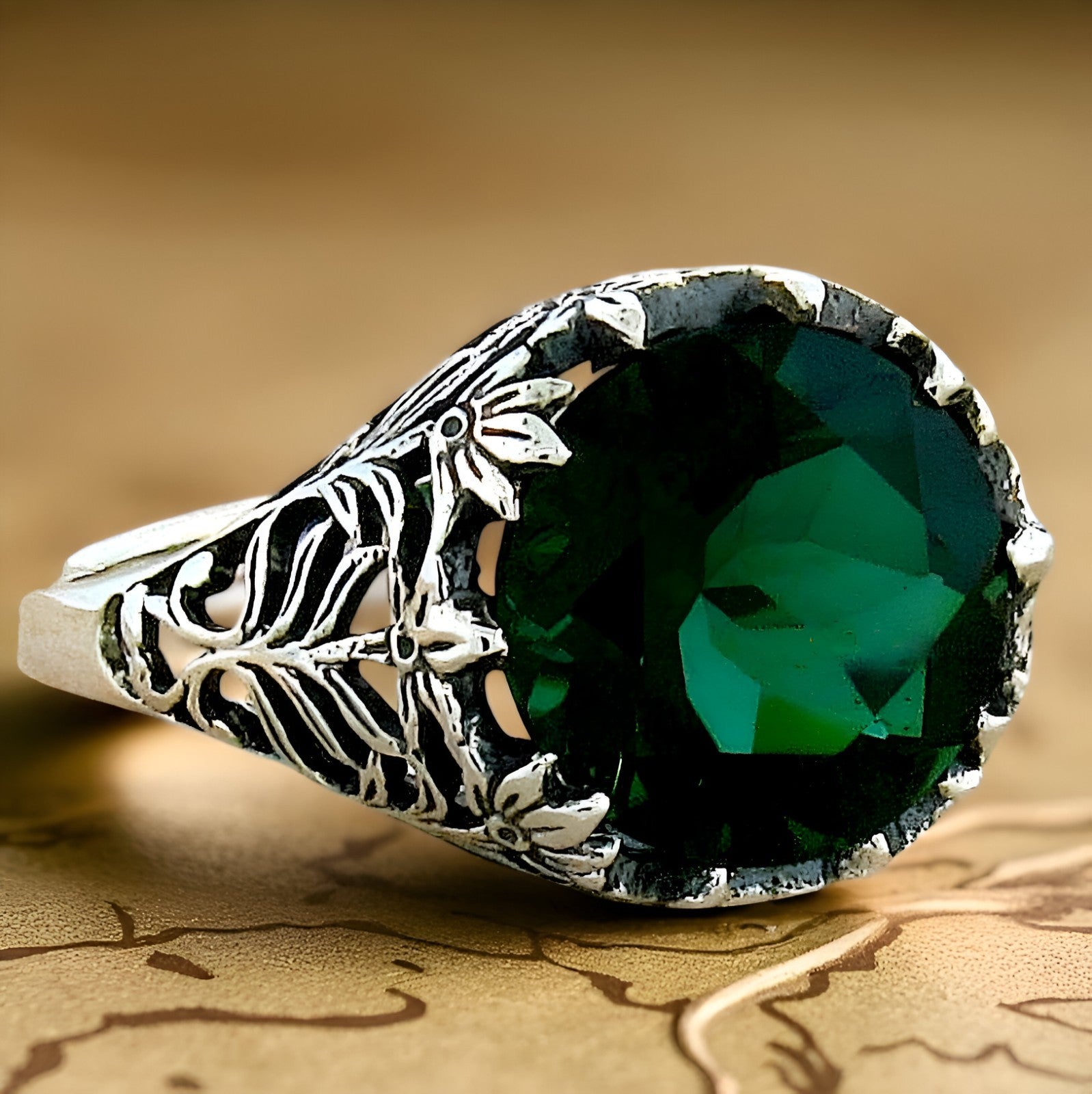 925 STERLING SILVER FILIGREE VICTORIAN STYLE SIMULATED EMERALD 3.50 Ct RING #445