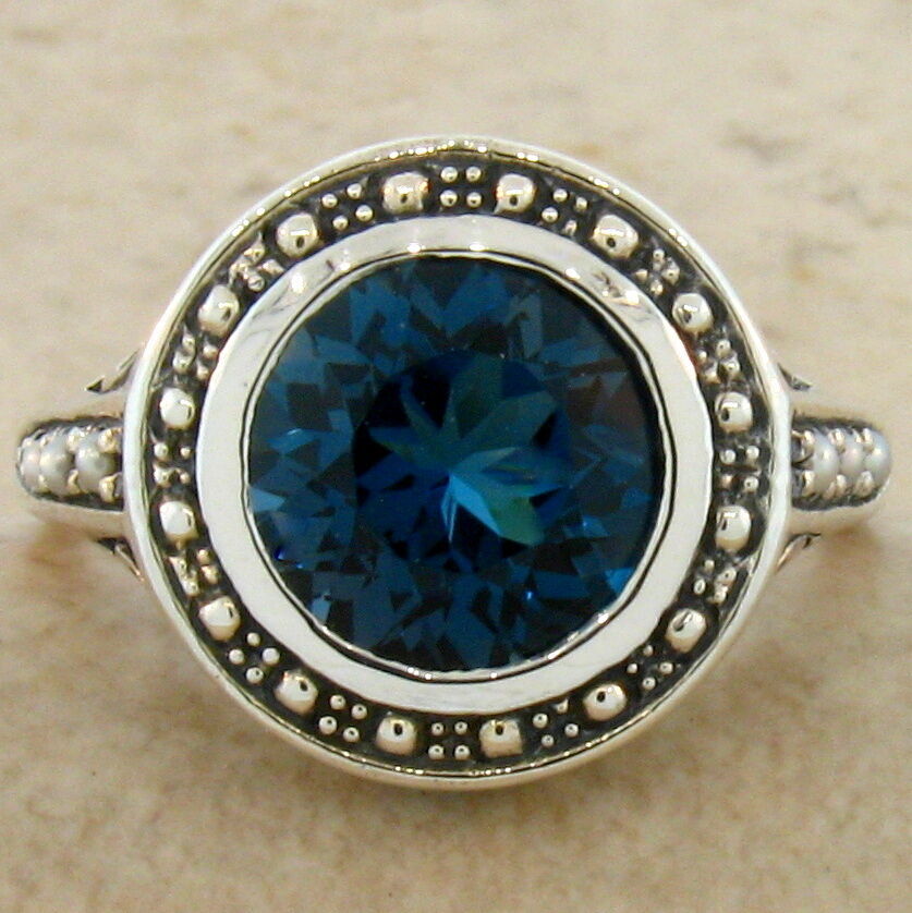 3 Ct GENUINE LONDON BLUE TOPAZ PEARL ANTIQUE STYLE 925 STERLING SILVER RING 289X