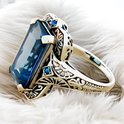 VINTAGE STYLE 925 STERLING SILVER 6 Ct SIMULATED AQUAMARINE OPAL RING       #309