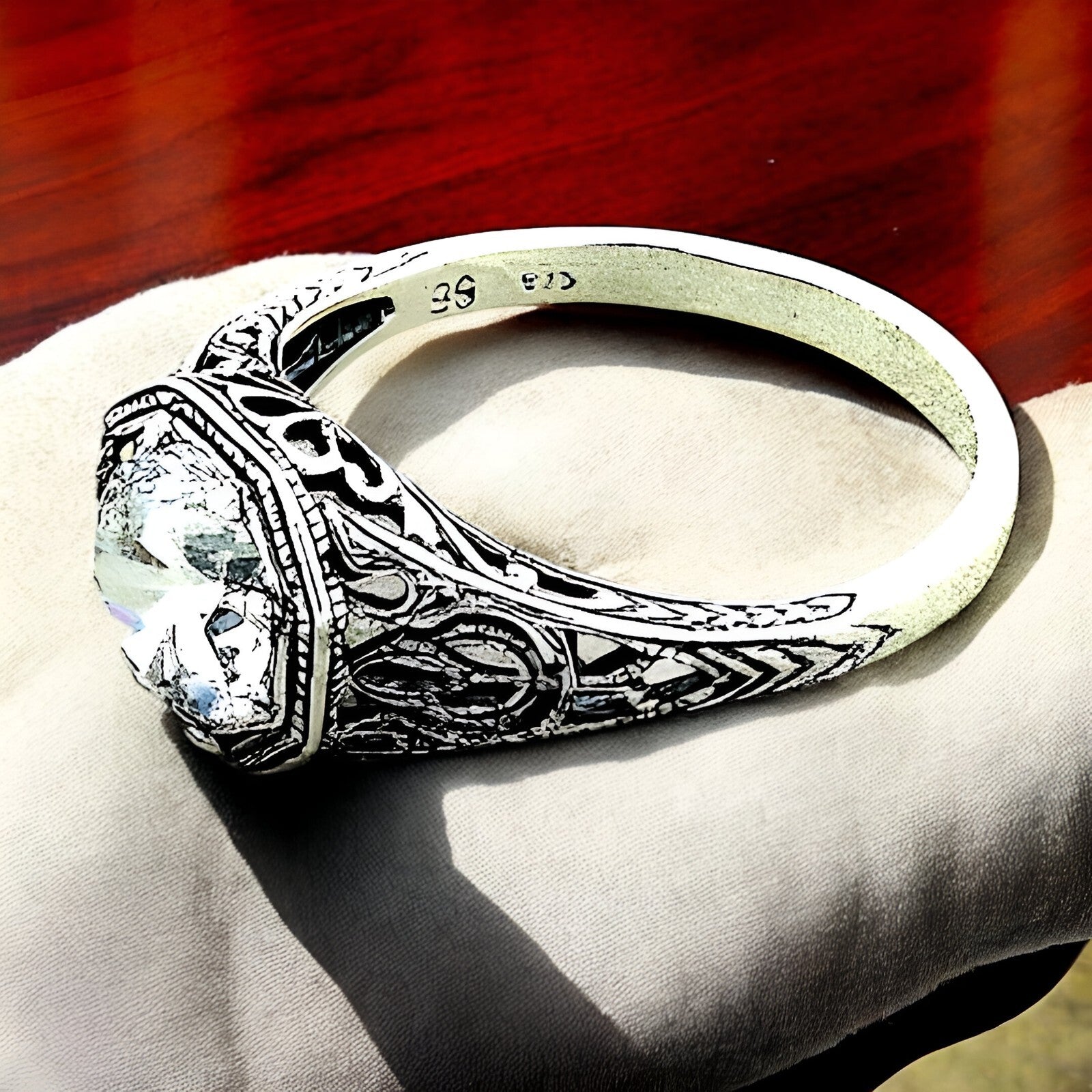 WEDDING ENGAGEMENT 925 STERLING SILVER ART DECO STYLE CZ FILIGREE RING     #1146