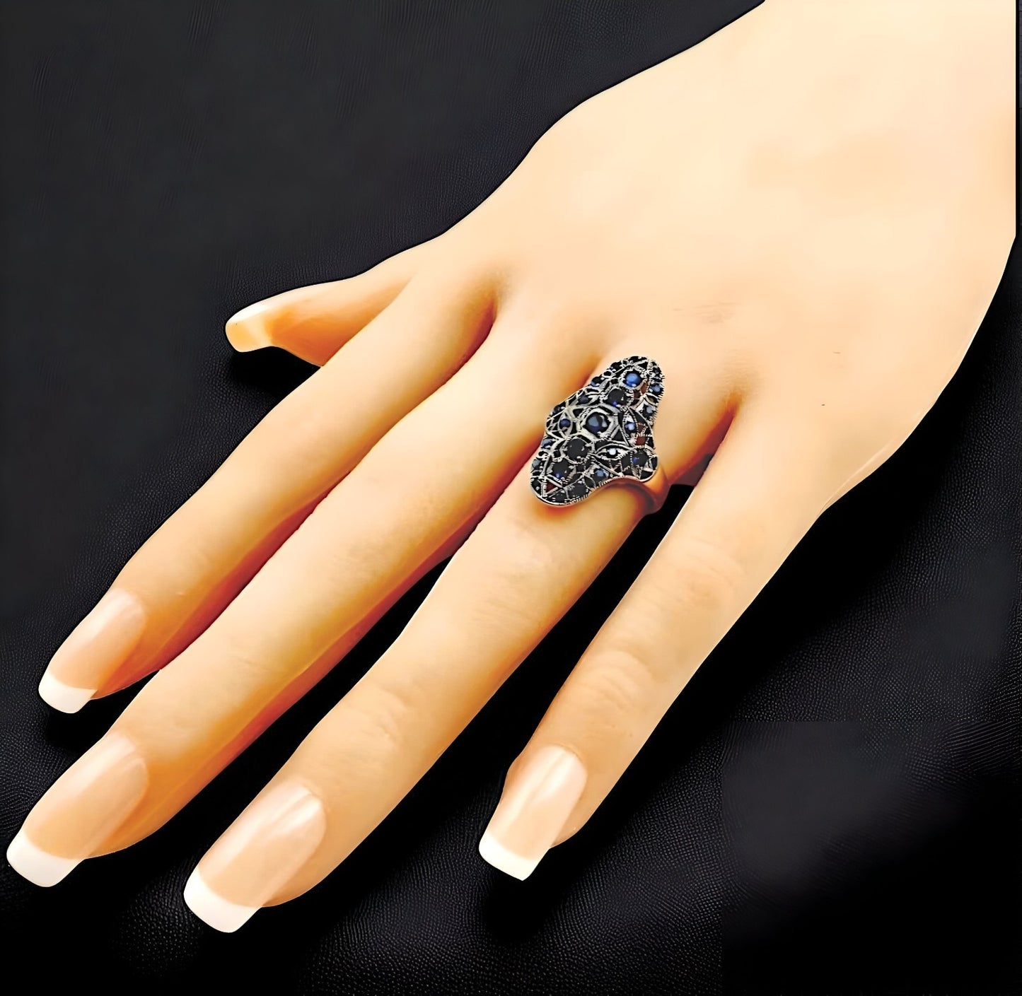 VINTAGE STYLE SIMULATED SAPPHIRE 925 STERLING SILVER RING RHODIUM PLATED 1779