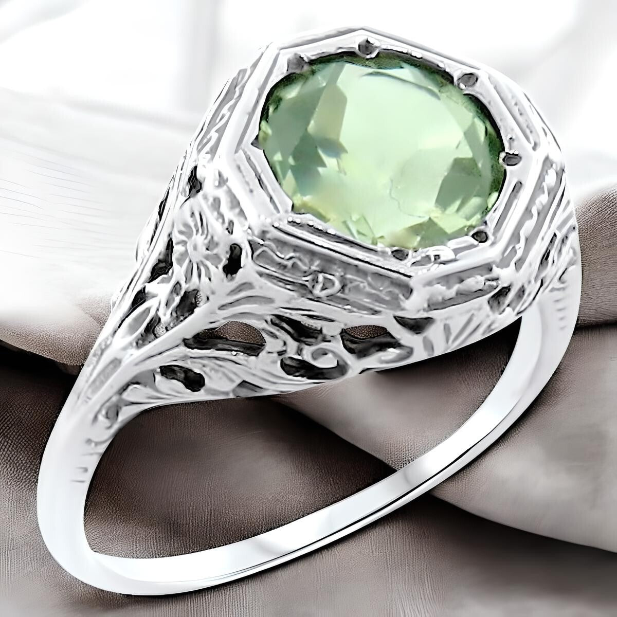 VINTAGE STYLE GENUINE GREEN AMETHYST 925 STERLING SILVER FILIGREE RING     #192