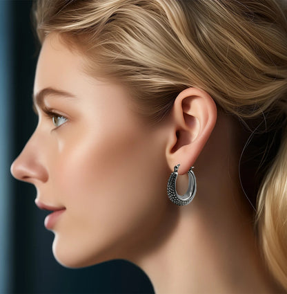 925 Sterling Silver Dot Design Hoop Earrings -  Lightweight Latch Back 1245