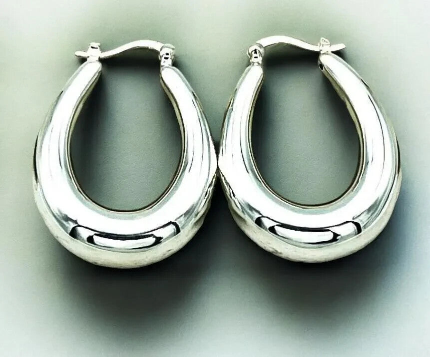 925 Sterling Silver Hoop Earrings, Lightweight Oval Latch Back 1538